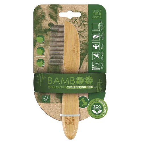 M-PETS Бамбуковая расчёска BAMBOO Regular Comb With Rotating Tees с вращающимся зубьями, 31 зуб, 5,5x21,5 см