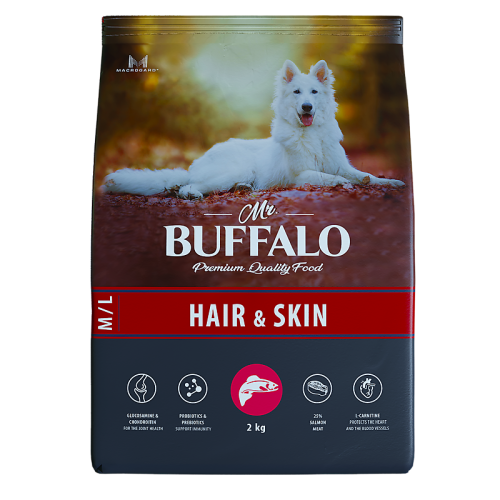 Mr.Buffalo Сухой корм для собак средних и крупных пород, для здоровой кожи и красивой шерсти, с лососем, 2 кг
